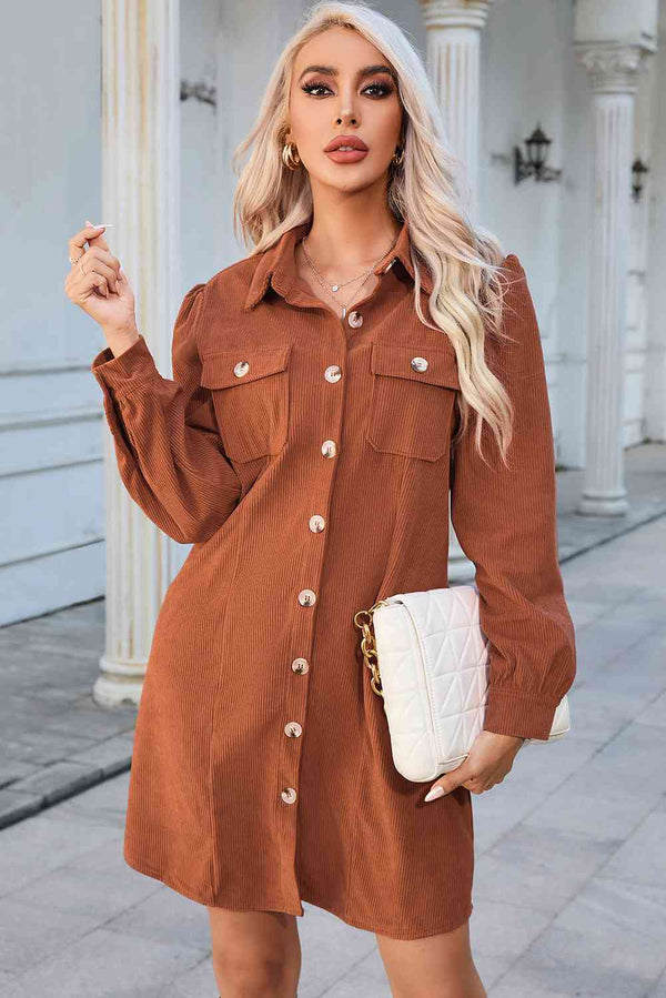 Button Down Puff Sleeve Dress -BazaarBey - www.shopbazaarbey.com