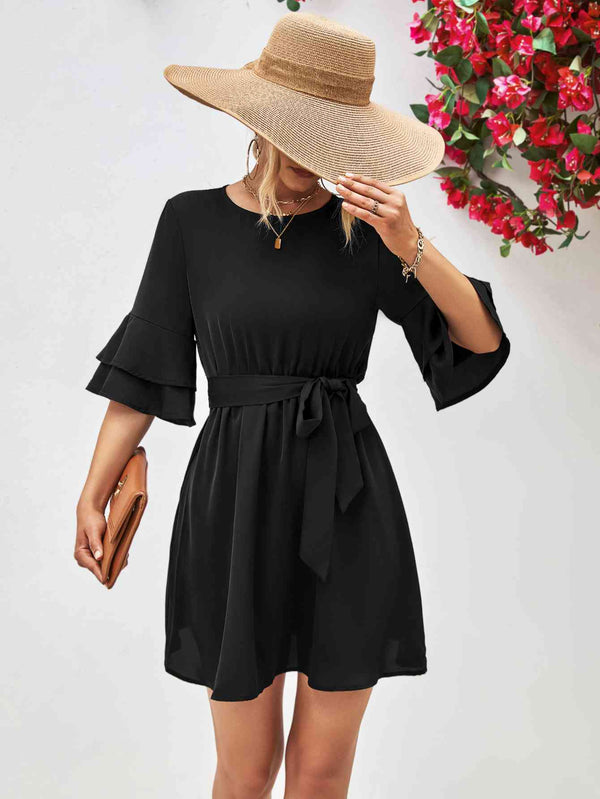 Round Neck Tie Belt Flounce Sleeve Dress -BazaarBey - www.shopbazaarbey.com