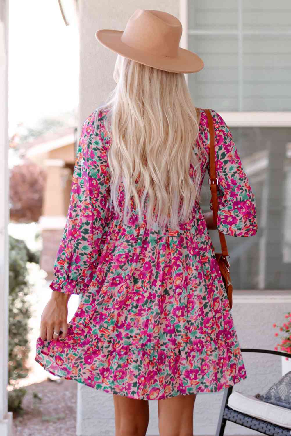 Floral Smocked V-Neck Flounce Sleeve Dress -BazaarBey - www.shopbazaarbey.com