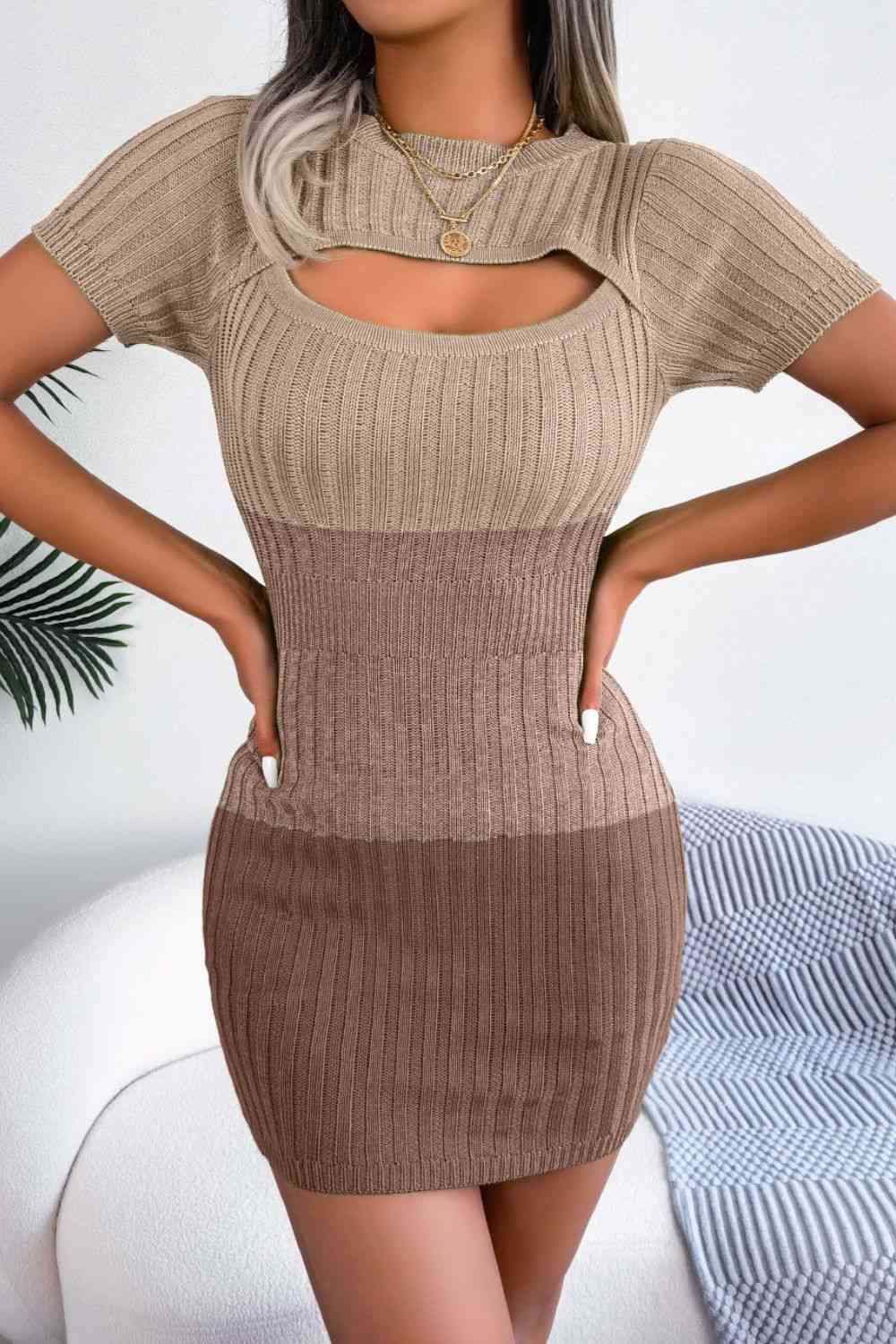 Color Block Cutout Short Sleeve Sweater Dress -BazaarBey - www.shopbazaarbey.com