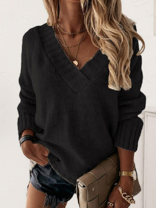 V-Neck Long Sleeve Knit Top Bazaarbey