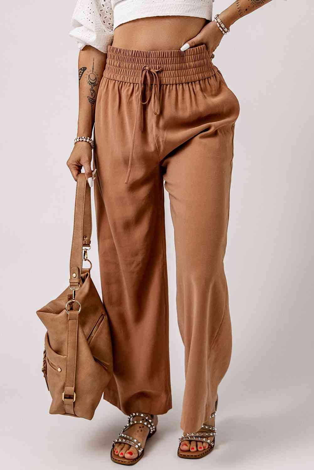 Drawstring Smocked Waist Wide Leg Pants Bazaarbey