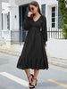  V-Neck Smocked Lantern Sleeve Ruffle Hem Dress -BazaarBey - www.shopbazaarbey.com