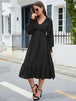  V-Neck Smocked Lantern Sleeve Ruffle Hem Dress -BazaarBey - www.shopbazaarbey.com