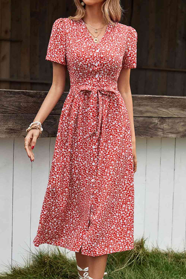  Floral Button Front Tied Puff Sleeve Dress -BazaarBey - www.shopbazaarbey.com