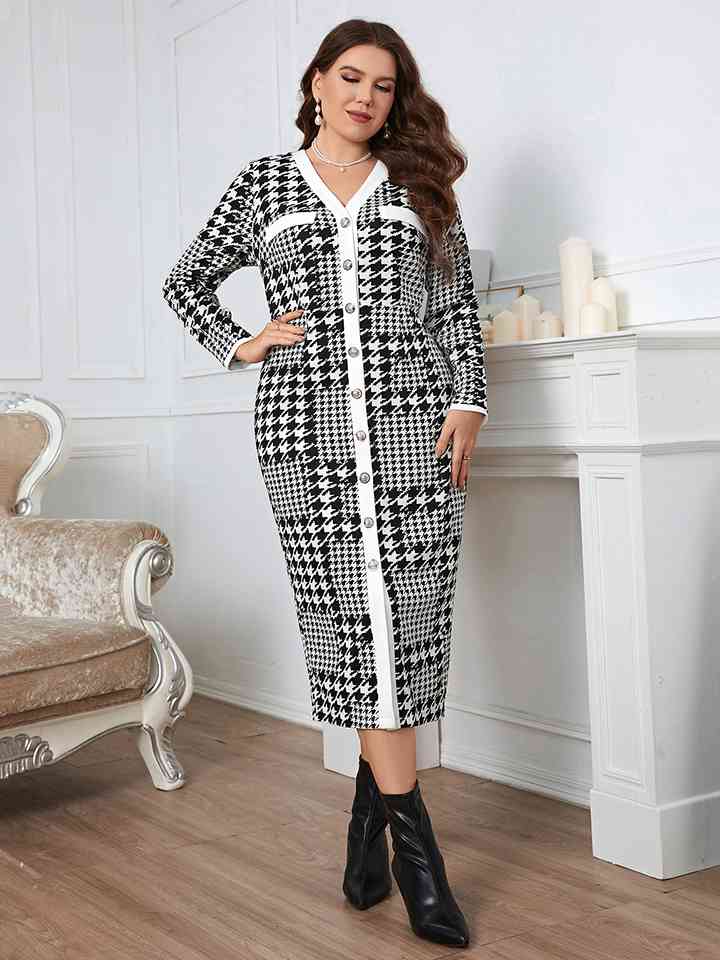 Plus Size  Button-Down Long Sleeve Dress -BazaarBey - www.shopbazaarbey.com