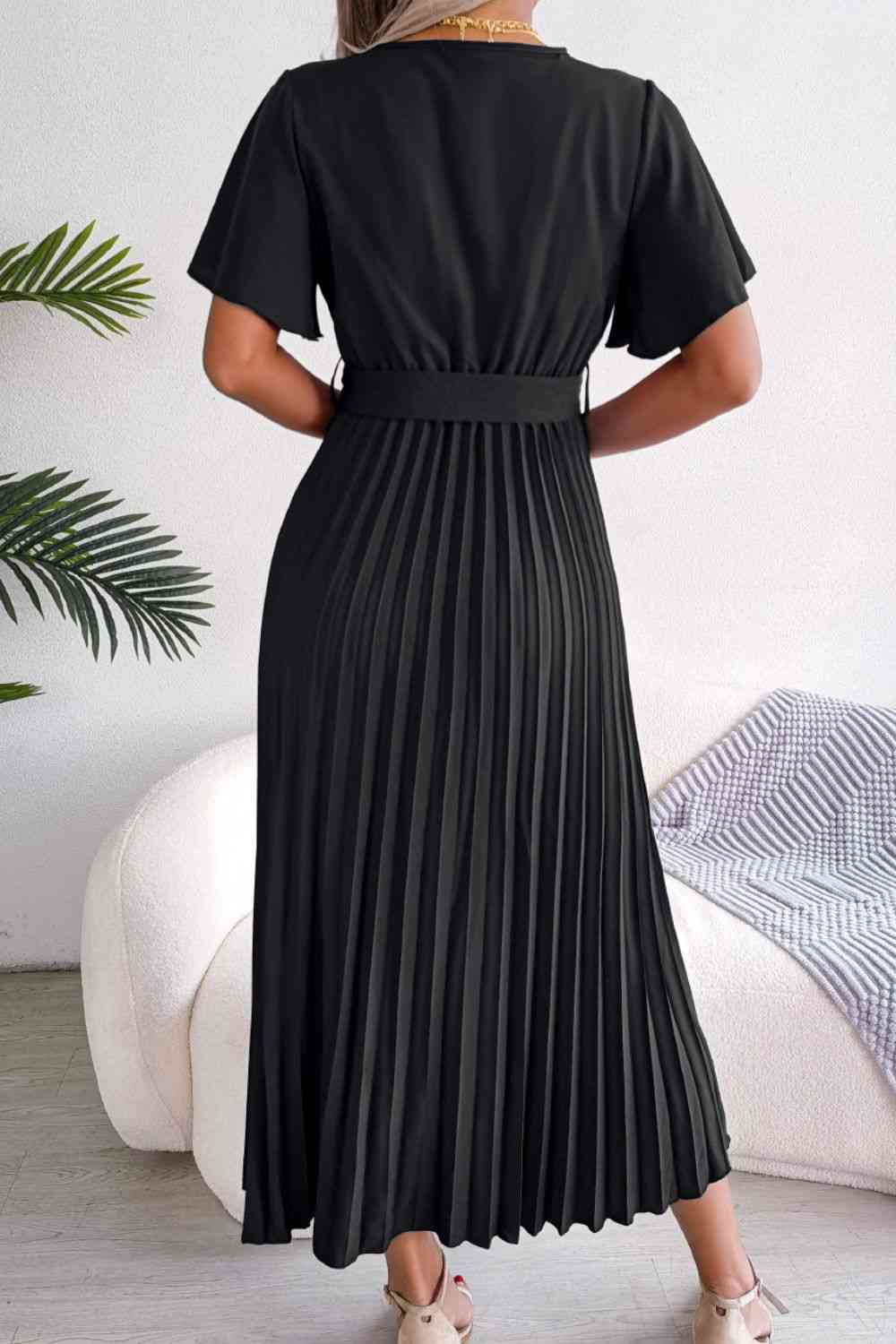 Pleated Flutter Sleeve Belted Dress -BazaarBey - www.shopbazaarbey.com