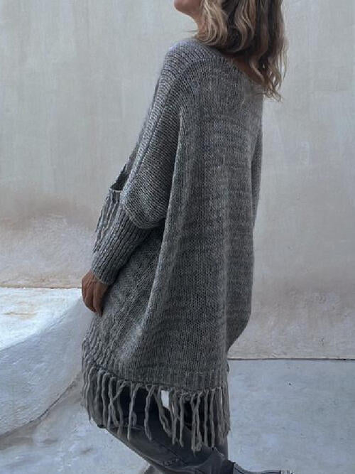 Fringe Detail Long Sleeve Sweater with Pockets Bazaarbey