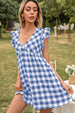 Plaid Butterfly Sleeve Deep V Dress -BazaarBey - www.shopbazaarbey.com