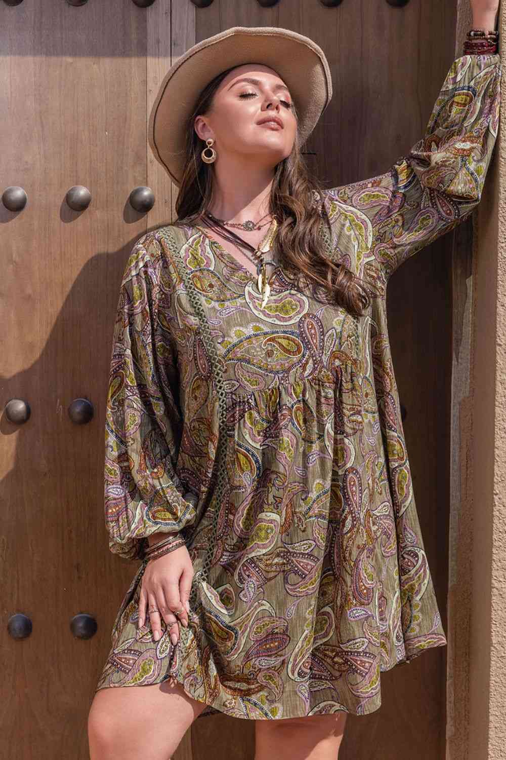 Plus Size Printed V-Neck Long Sleeve Midi Dress -BazaarBey - www.shopbazaarbey.com