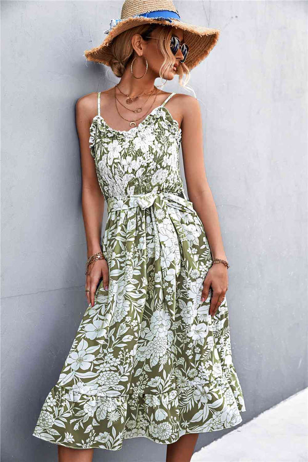 Floral Frill Trim Scoop Neck Spaghetti Strap Dress -BazaarBey - www.shopbazaarbey.com