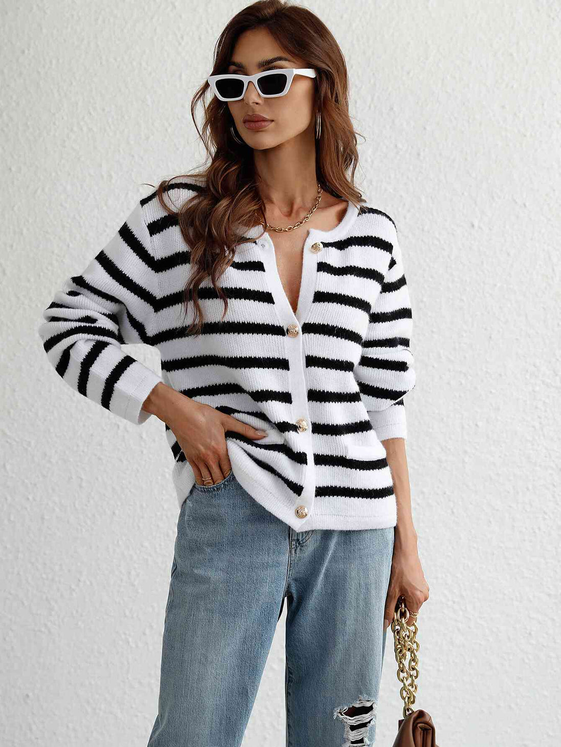  Striped Button Front Cardigan Trendsi
