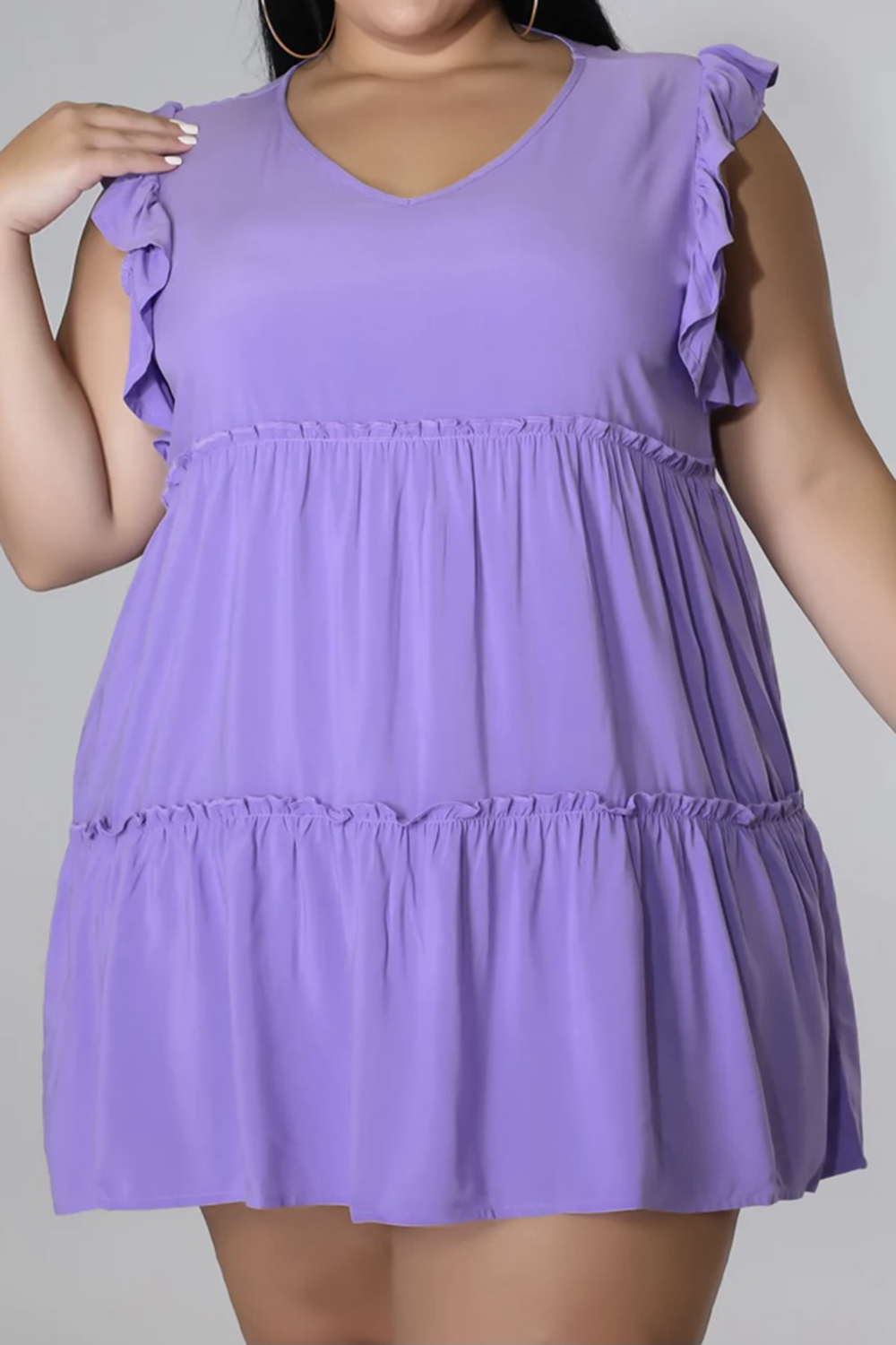 Plus Size V-Neck Frill Trim Mini Dress -BazaarBey - www.shopbazaarbey.com