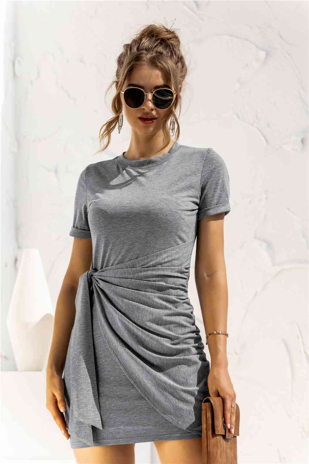 Round Neck Cuffed Sleeve Side Tie Dress -BazaarBey - www.shopbazaarbey.com