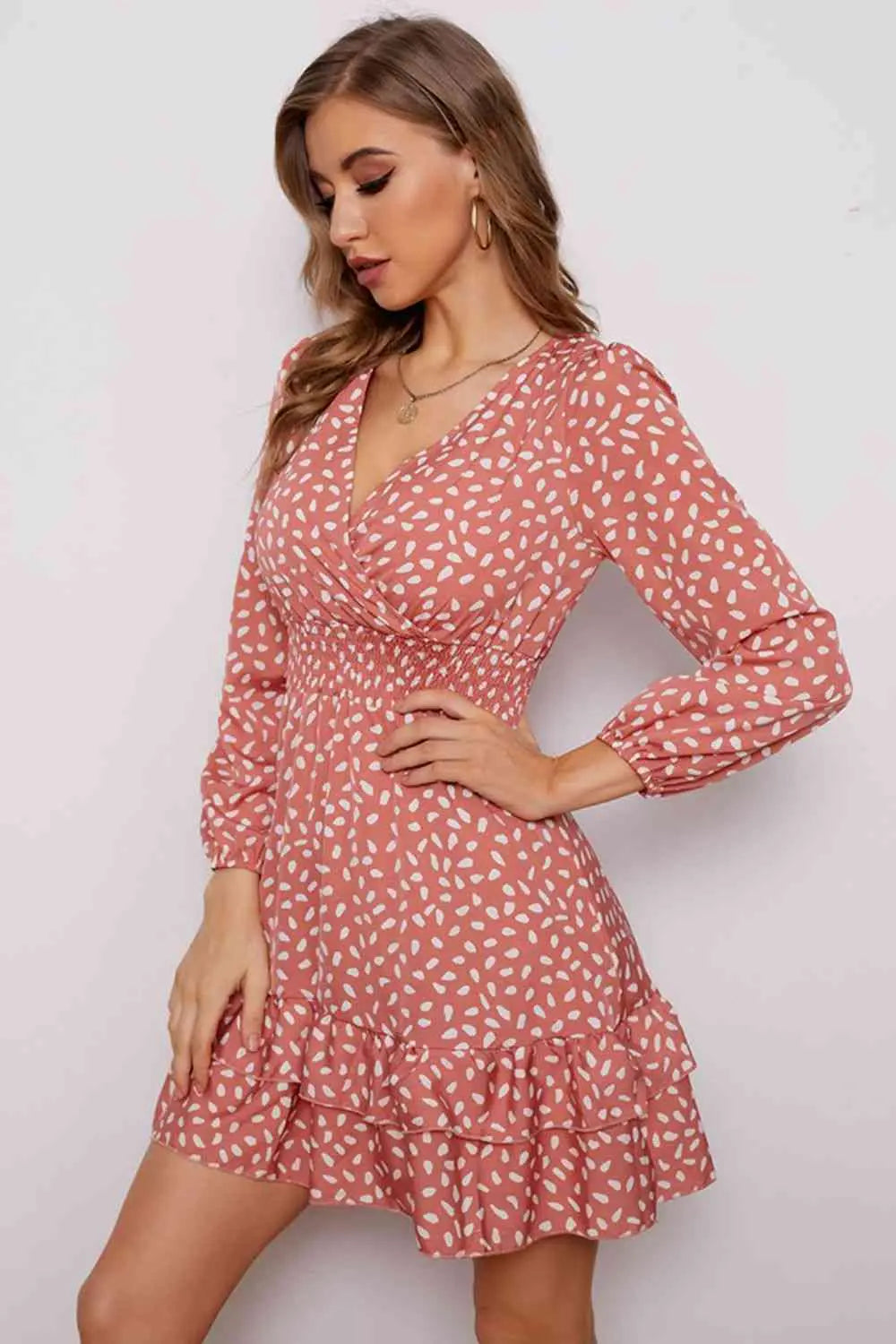 Printed  Neck Puff Sleeve Ruffle Hem Dress -BazaarBey - www.shopbazaarbey.com