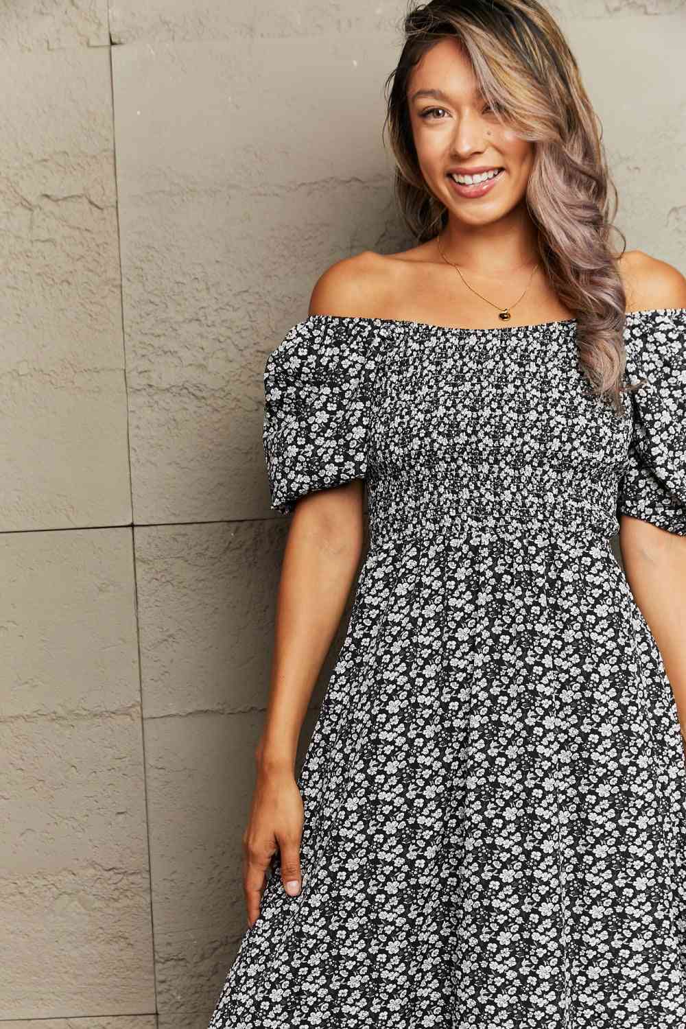 Floral Lace-Up Off-Shoulder Midi Dress -BazaarBey - www.shopbazaarbey.com