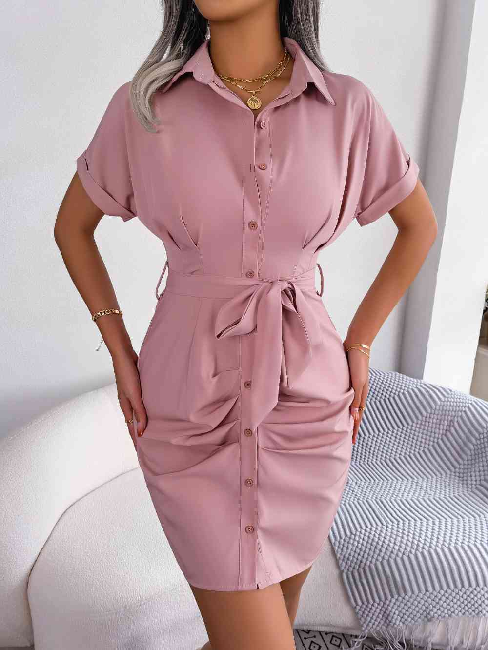 Button Down Ruched Tie Belt Dress -BazaarBey - www.shopbazaarbey.com