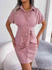 Button Down Ruched Tie Belt Dress -BazaarBey - www.shopbazaarbey.com