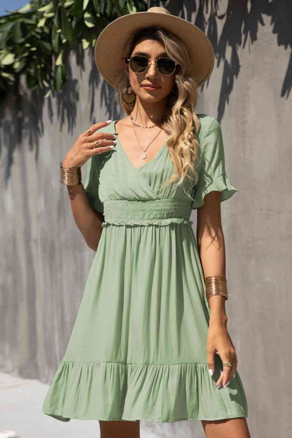 Smocked Waist Flounce Sleeve Ruffle Hem Dress -BazaarBey - www.shopbazaarbey.com
