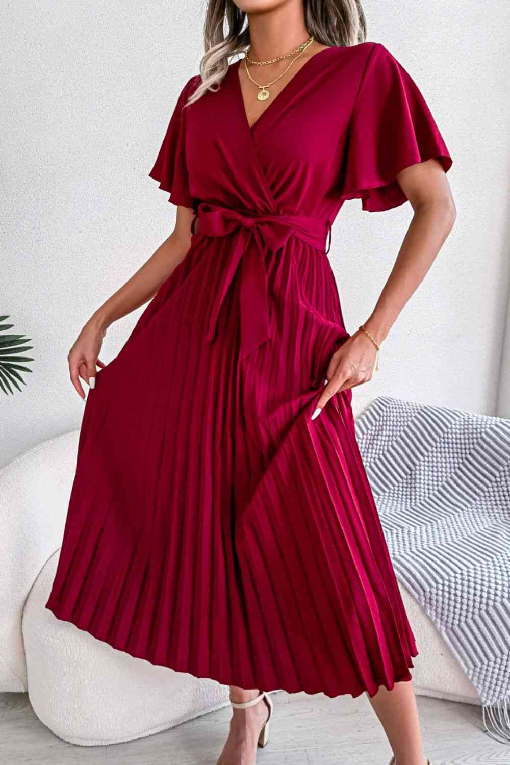 Pleated Flutter Sleeve Belted Dress -BazaarBey - www.shopbazaarbey.com