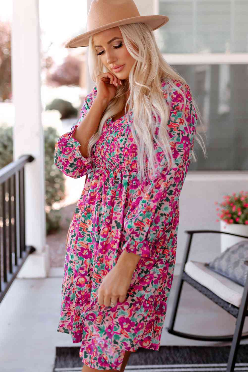 Floral Smocked V-Neck Flounce Sleeve Dress -BazaarBey - www.shopbazaarbey.com