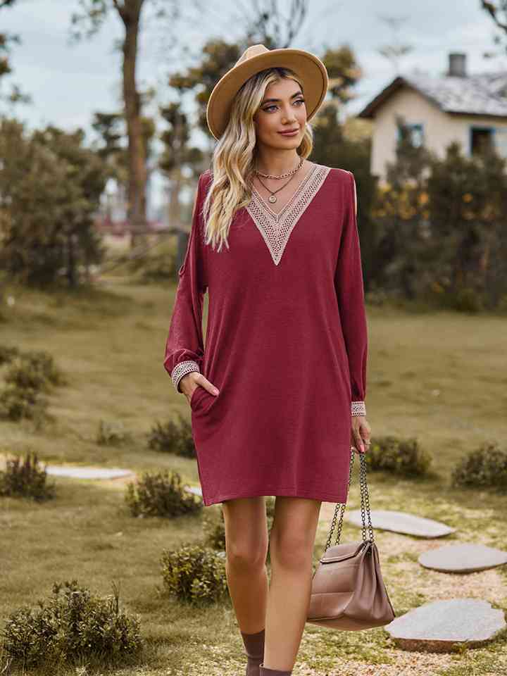 V-Neck Cutout Sleeve Mini Dress -BazaarBey - www.shopbazaarbey.com