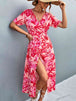 Floral Print High Slit  Neck Tie Waist Midi Dress -BazaarBey - www.shopbazaarbey.com