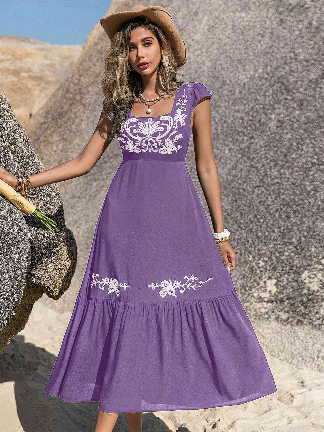 Embroidered Square Neck Ruffle Hem Dress -BazaarBey - www.shopbazaarbey.com