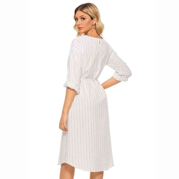 Pinstripe Tie Waist Round Neck Dress -BazaarBey - www.shopbazaarbey.com