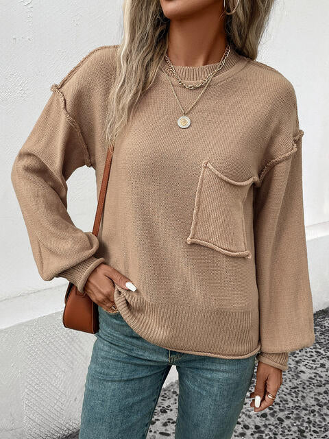 BazaarBey Exposed Seam Round Neck Sweater Bazaarbey