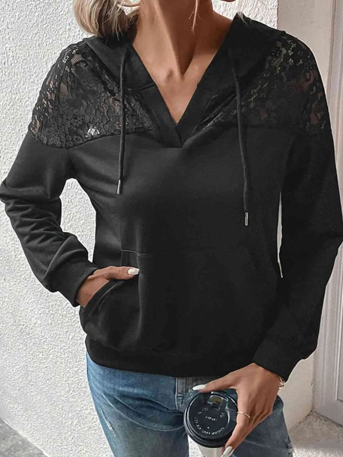 Lace Trim Dropped Shoulder Hoodie Bazaarbey