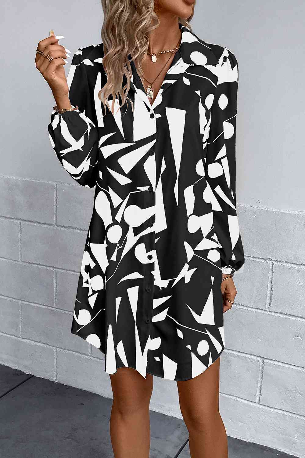 Geometric Long Sleeve Shirt Dress Bazaarbey