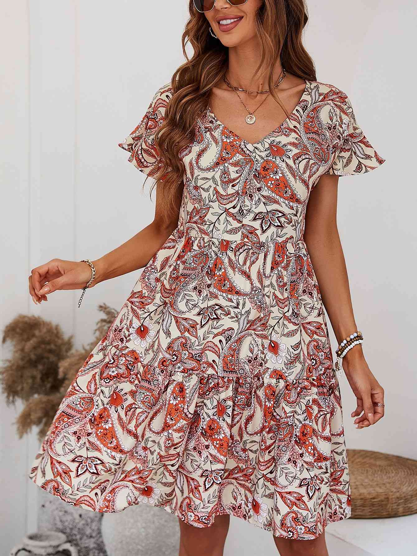Printed V-Neck Tiered Dress -BazaarBey - www.shopbazaarbey.com