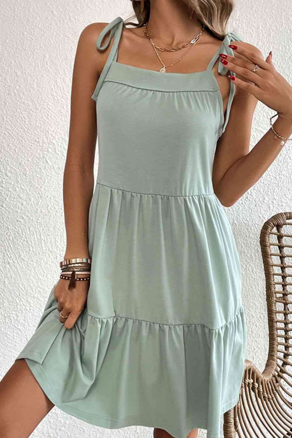 Tie-Shoulder Tiered Dress with Pockets -BazaarBey - www.shopbazaarbey.com