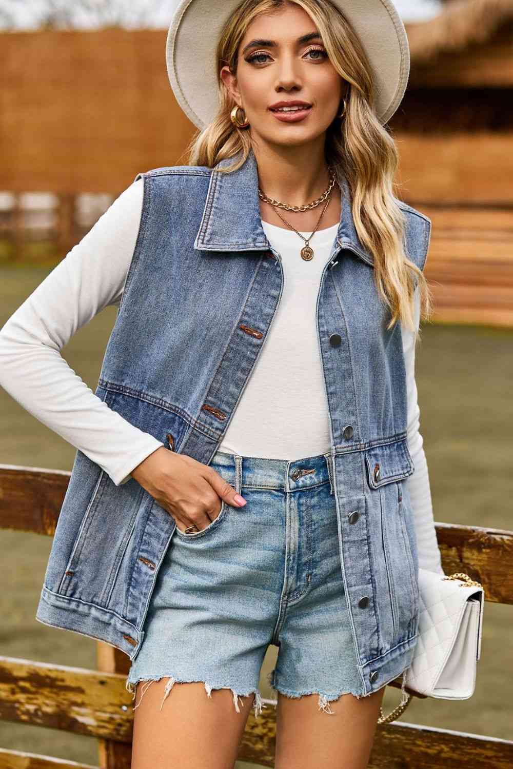 Sleeveless Collared Neck Denim Top with Pockets Bazaarbey
