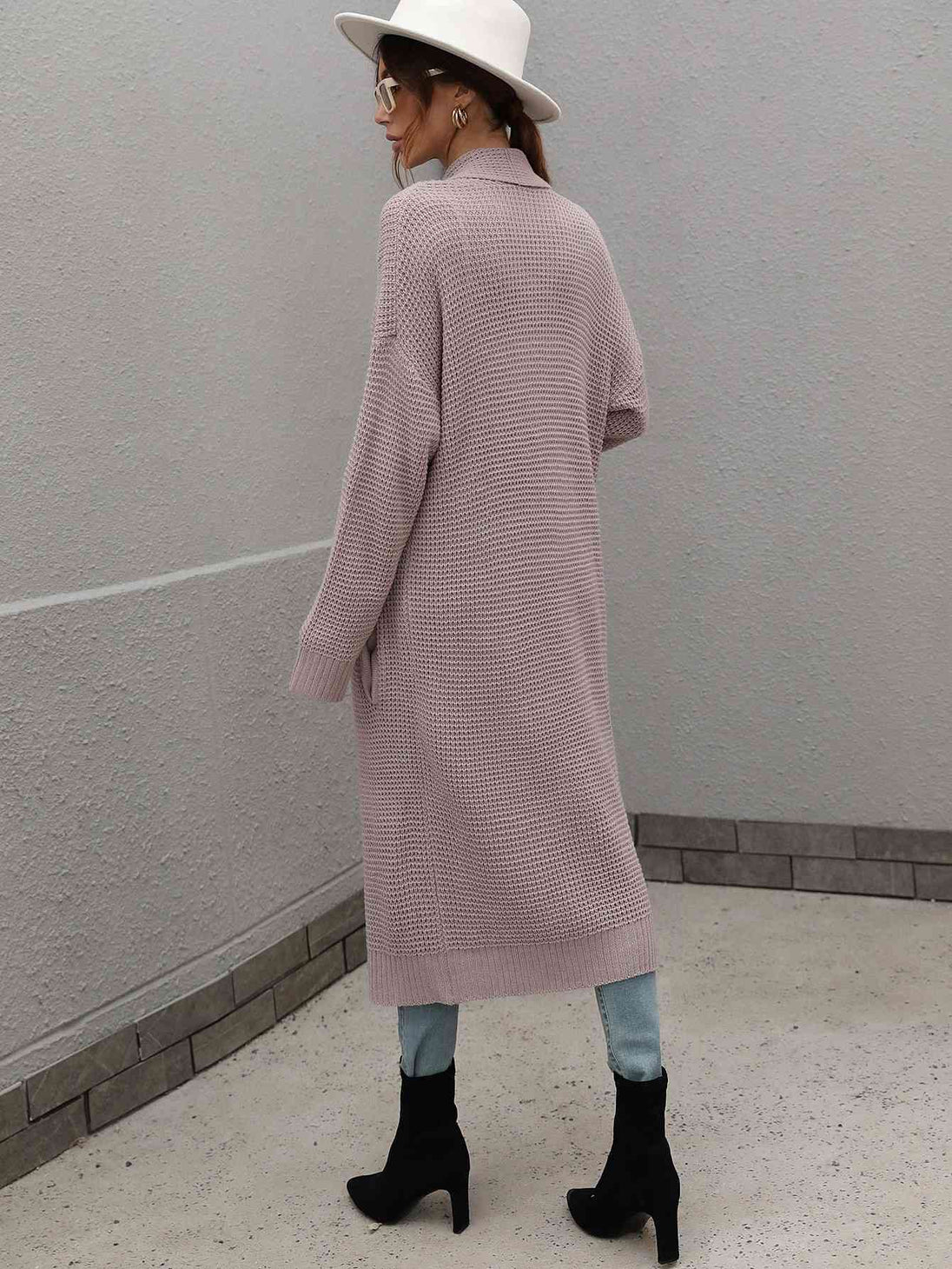  Waffle Knit  Duster Cardigan With Pockets Trendsi
