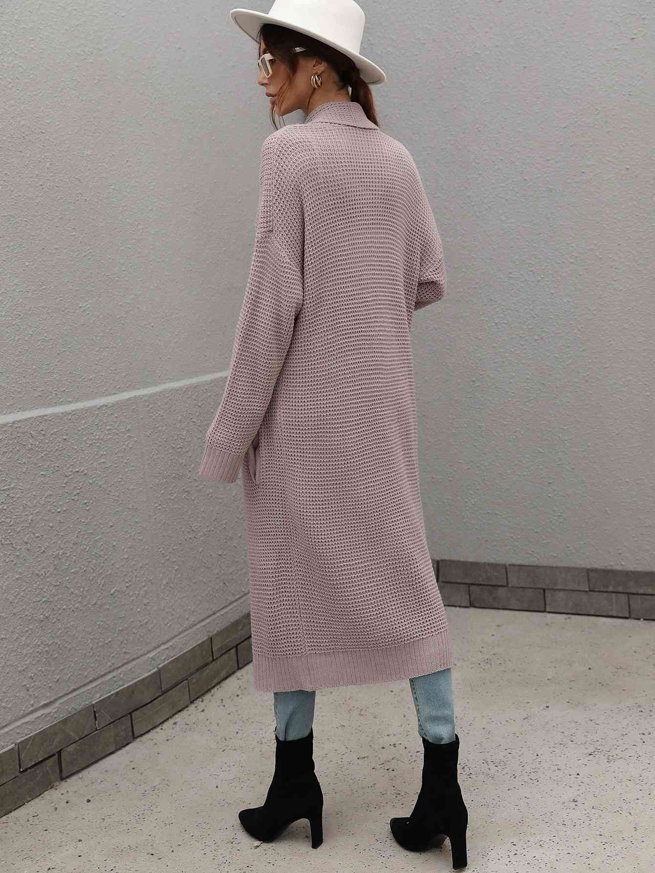  Waffle Knit  Duster Cardigan With Pockets Trendsi
