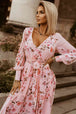 Floral Tie Belt Bishop Sleeve Slit Maxi Dress Bazaarbey