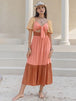 Color Block Tie Front Smocked Midi Dress -BazaarBey - www.shopbazaarbey.com