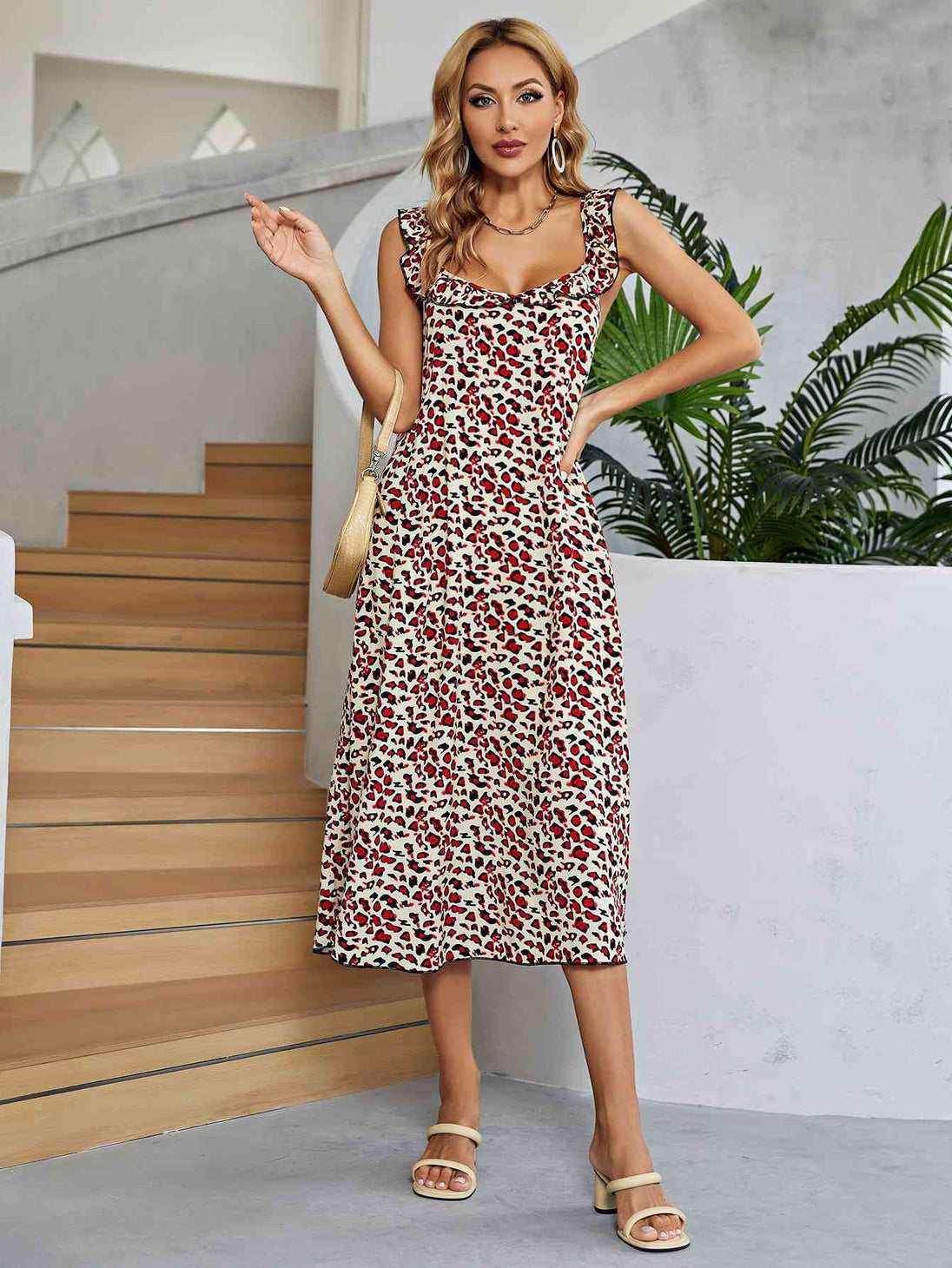 Printed Ruffled Sleeveless Midi Dress -BazaarBey - www.shopbazaarbey.com