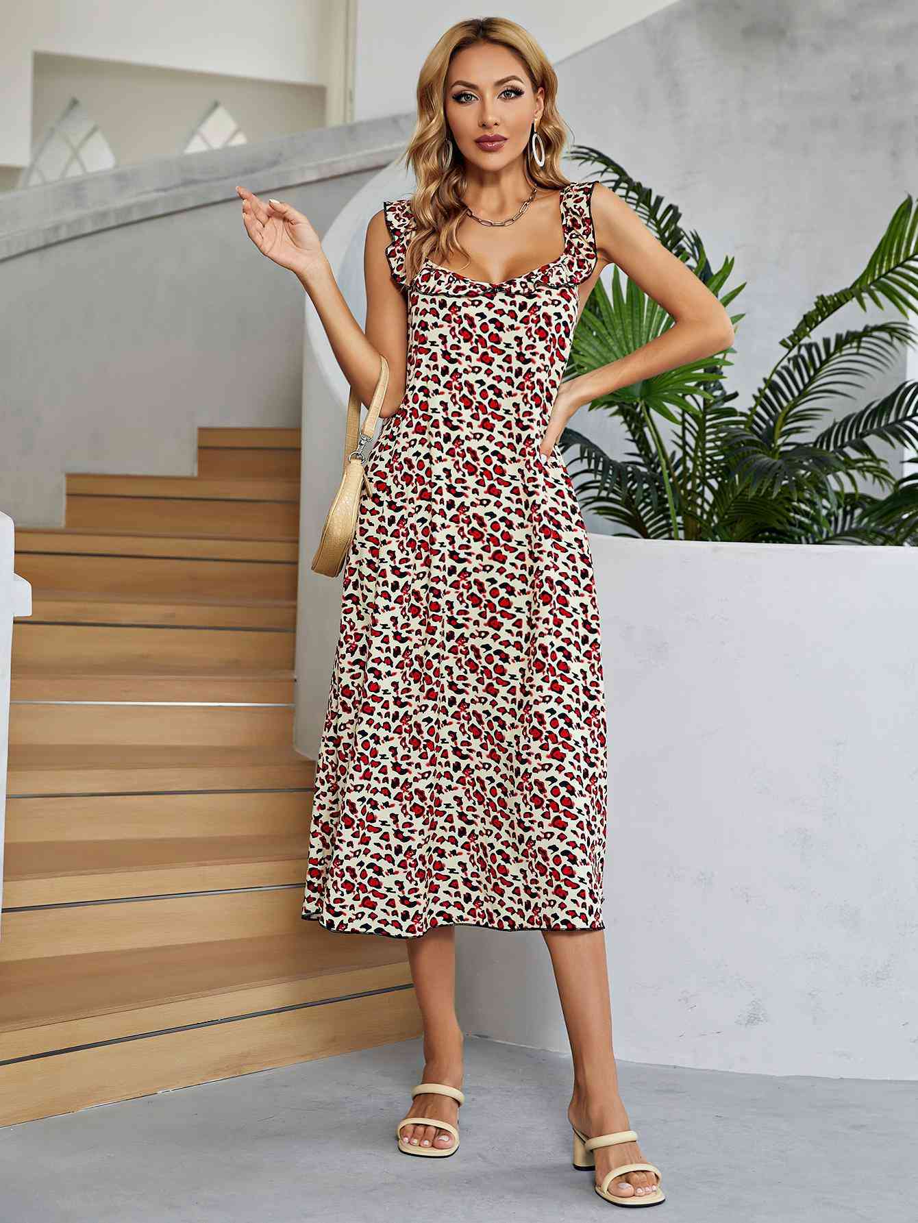 Printed Ruffled Sleeveless Midi Dress -BazaarBey - www.shopbazaarbey.com