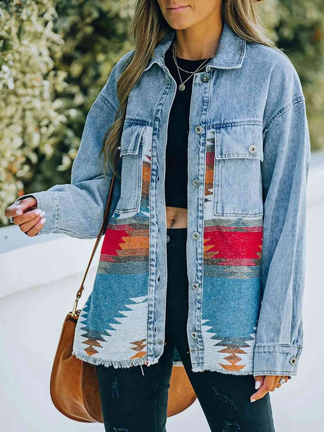 Collared Neck Dropped Shoulder Denim Jacket Bazaarbey