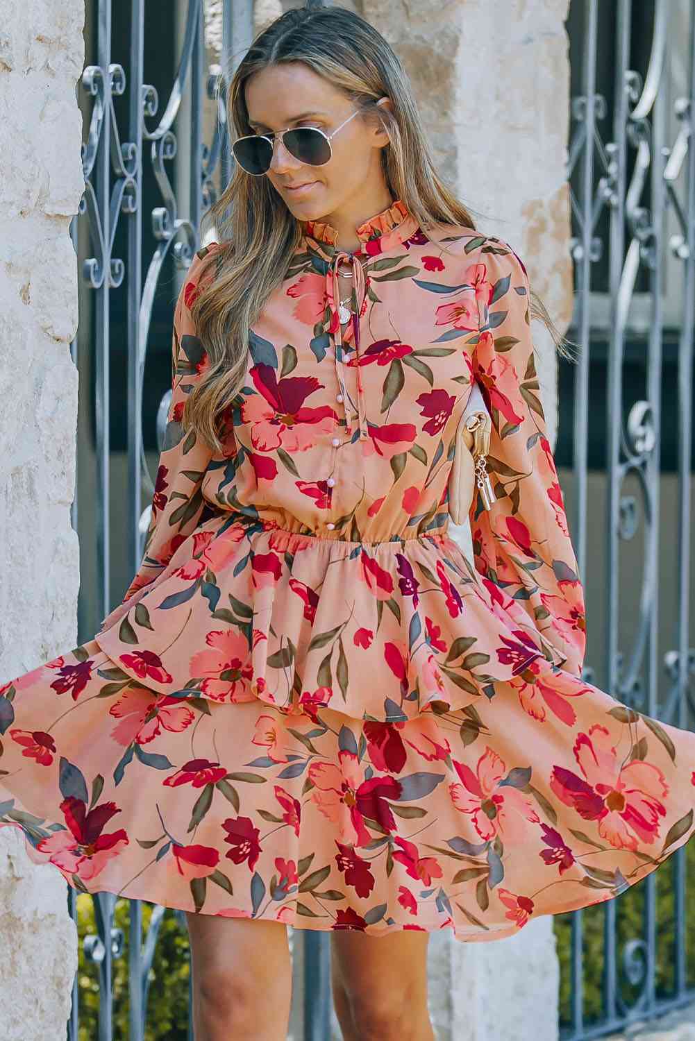 Floral Tie Neck Long Sleeve Layered Dress -BazaarBey - www.shopbazaarbey.com