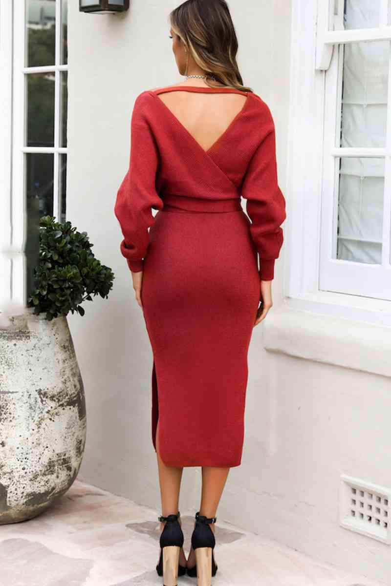Surplice Neck Bow Waist Slit Sweater Dress Bazaarbey