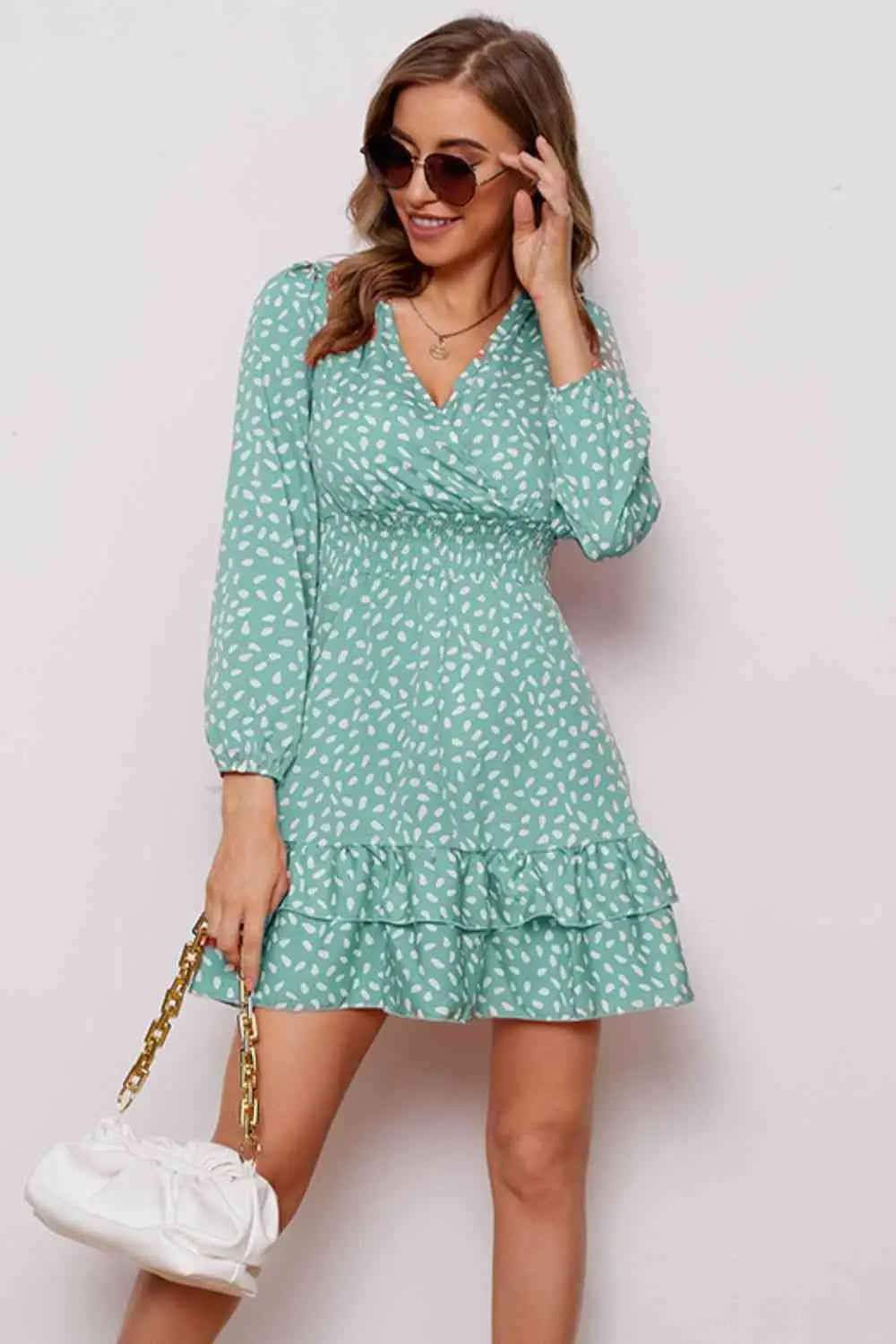 Printed  Neck Puff Sleeve Ruffle Hem Dress -BazaarBey - www.shopbazaarbey.com