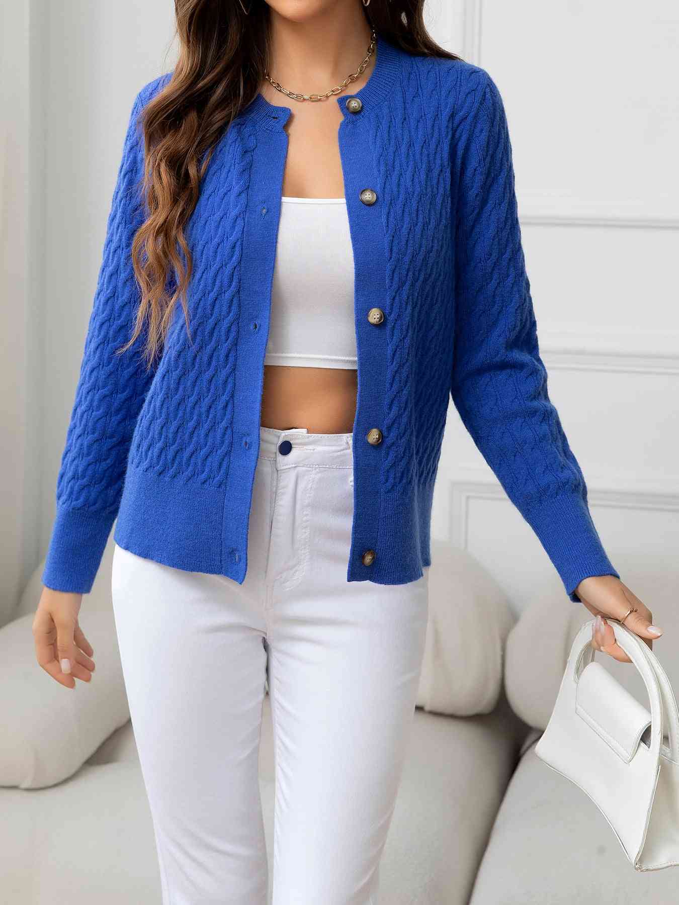 Round Neck Cable-Knit Buttoned Knit Top Trendsi