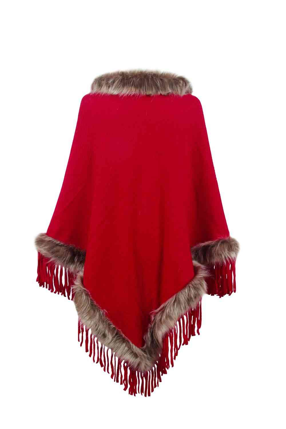 Faux Fur Trim Fringed Poncho Bazaarbey