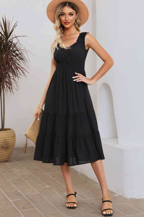 Smocked Waist Sleeveless Tiered Dress with Pockets -BazaarBey - www.shopbazaarbey.com