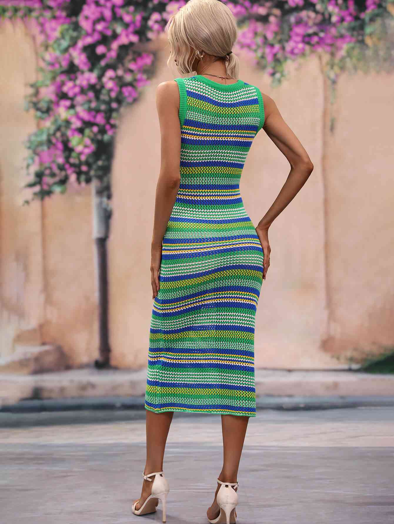Striped Round Neck Sleeveless Midi Cover Up Dress Bazaarbey