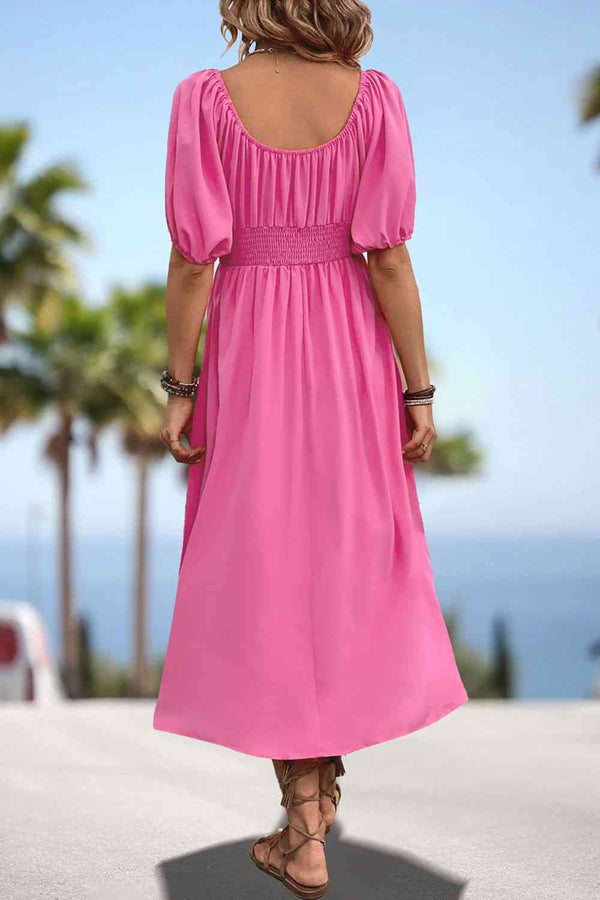 Square Neck Smocked Waist Puff Sleeve Midi Dress -BazaarBey - www.shopbazaarbey.com